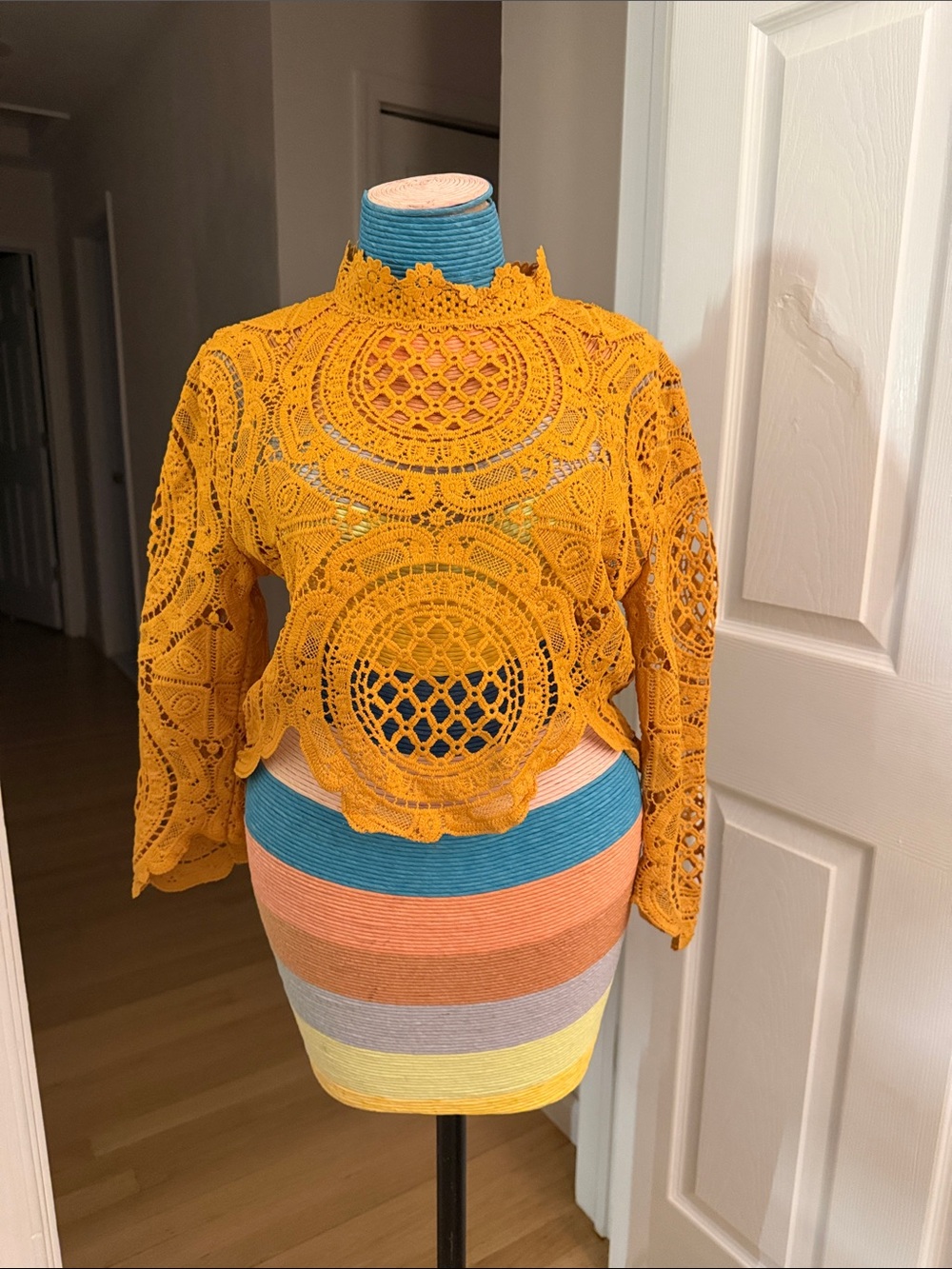 Banjul Mustard Crochet Lace Mid-Sleeve Crop Top